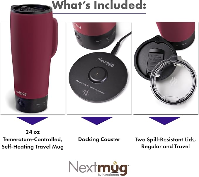 Nextmug Ultra - Temperature-Controlled, Self-Heating Travel Mug | (Burgundy - 24 oz.) – The Biggest Nextmug, No App, Long-Lasting Battery for Work & Study, Great Gift for Coffee Lovers - Image 3