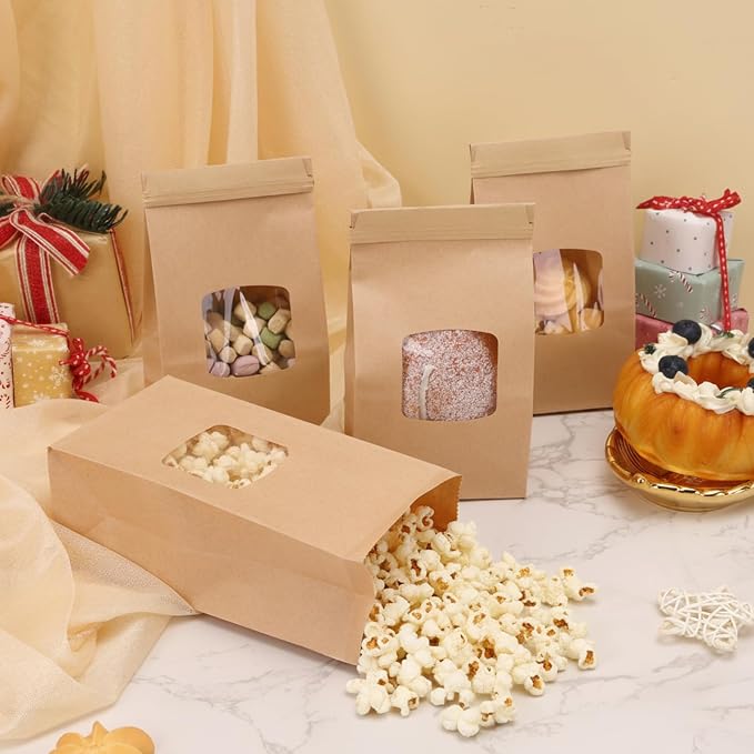 Moretoes 55pcs Small Bakery Cookie Bags with Seal, 3.5x2.3x6.7In | Brown Kraft Paper Treat Bags with Window Seal by Tin Tie Tab for Cookie Coffee Bread Pastry Treat Bakery Gift Giving Packing - Image 6