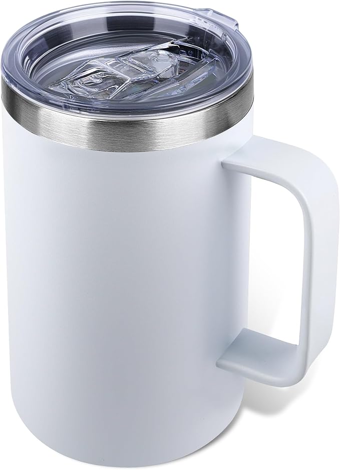 22oz Insulated Coffee Mug with Handle & Leak-Proof Lid - Double Wall Stainless Steel Travel Tumbler for Commute/Office/Home, White, 1 Pack by Unknown