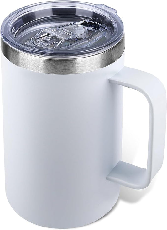 22oz Insulated Coffee Mug with Handle & Leak-Proof Lid - Double Wall Stainless Steel Travel Tumbler for Commute/Office/Home, White, 1 Pack by Unknown