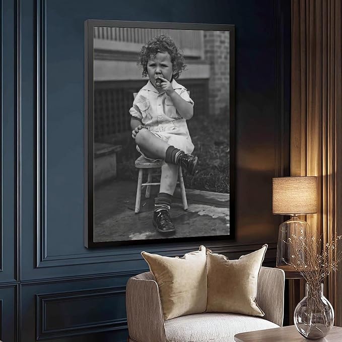 Little Boy Smoking A Cigar, Black And White , Vintage Photo, Oddities, Funny Poster Canvas Poster Wall Art Decor Print Picture Paintings for Living Room Bedroom Decoration Black Frame 16x24in(40x60cm) - Image 3