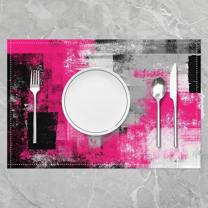 Feelyou Hot Pink Grey Table Place Mats, Boys Girls 18"x12" Abstract Geometric Placemats Set of 4 for Kids Geometric Placemat for Kitchen Dining Table Decor Indoor Outdoor Buffalo Check - Image 2