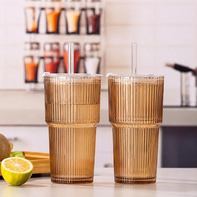 4PCS Brown Drinking Glasses, Ribbed Glass Cups with Lids and Straws, 20oz Vintage Drinking Glasses, Aesthetic Iced Coffee Cups, Glass Tumbler for Boba, Beer, Tea, Cocktails, Yellow Glassware (Brown-4) - Image 7