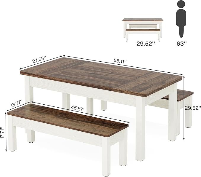 Tribesigns Farmhouse Kitchen Table Set for 4-6, 55-Inch Wooden Dining Table with 2 Benches, Space Saving 3 Pieces Heavy Duty Dinette for Dining Room, Kitchen, Small Space - Image 2