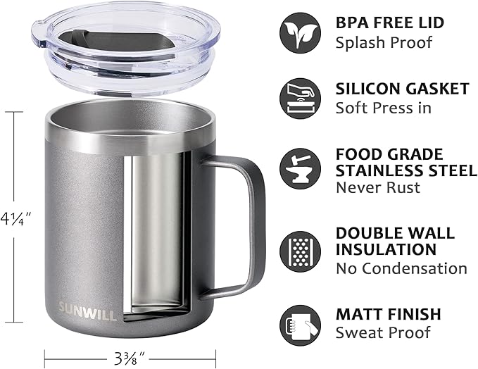 SUNWILL Travel Coffee Mug with Lid, Insulated Tumbler with Handle, 14 oz Stainless Steel Cup for Ice, Water, Tea, Cool Grey - Image 2
