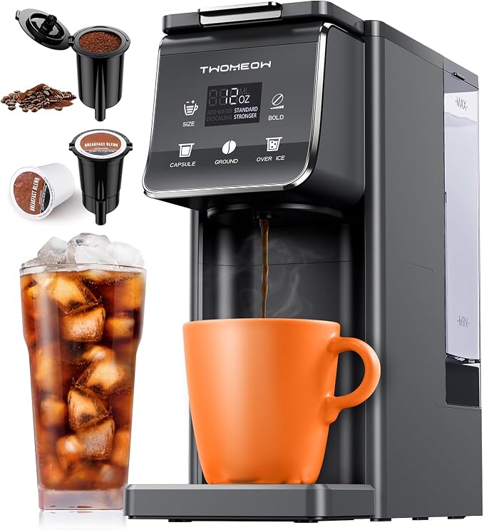 K Cup Coffee Maker, Single Serve Hot & Iced for K-Cup & Grounds | 52oz Removable Reservoir, Single Cup Coffee Maker with Bold Setting, 6-14oz Brew Sizes, Reusable Filter, Compact Design, Gray by TWOMEOW