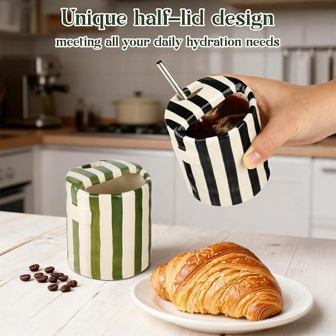Novelty Striped Ceramic Coffee Mug with Sip Hole and Half Lid, Cute Black Hand-Painted Iced Tea Cup, 10oz Trendy Retro Aesthetic Porcelain Present for Coffee Lover Cappuccino Latte Espresso - Image 3