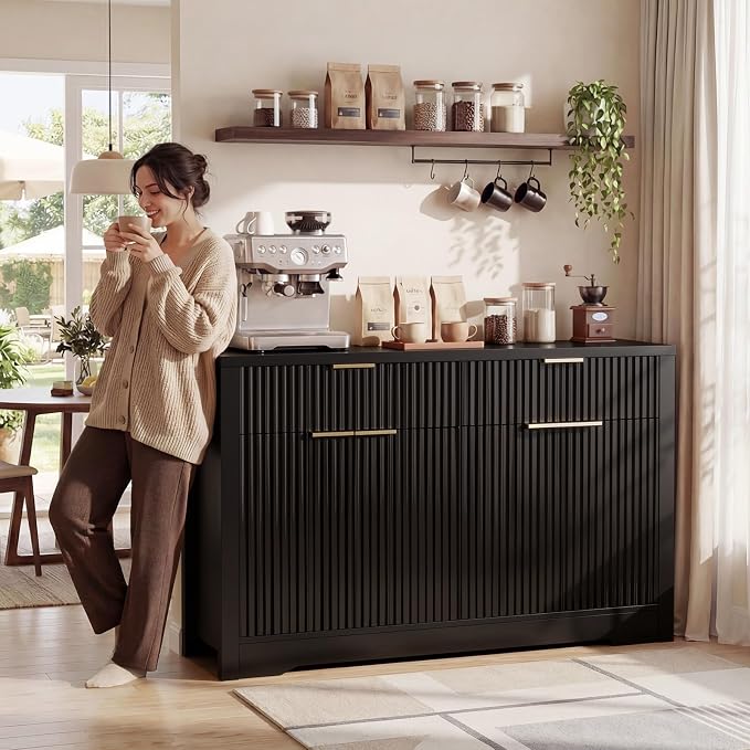 Cyclysio 55" Fluted Buffet Cabinet with Drawers, Modern Sideboard Credenza with Adjustable Shelves, Coffee Bar Table with Storage for Dining Room, Entryway, Kitchen, Black - Image 4