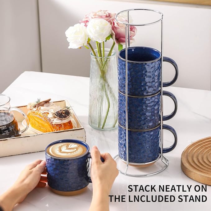 Nihow 16 OZ Ceramic Coffee Mug with Stackable Stand,Set of 4,Blue | Stainless Stand Included, Cappuccino & Tea, Hot/Cold Drinks, Dishwasher & Microwave Safe - Image 5