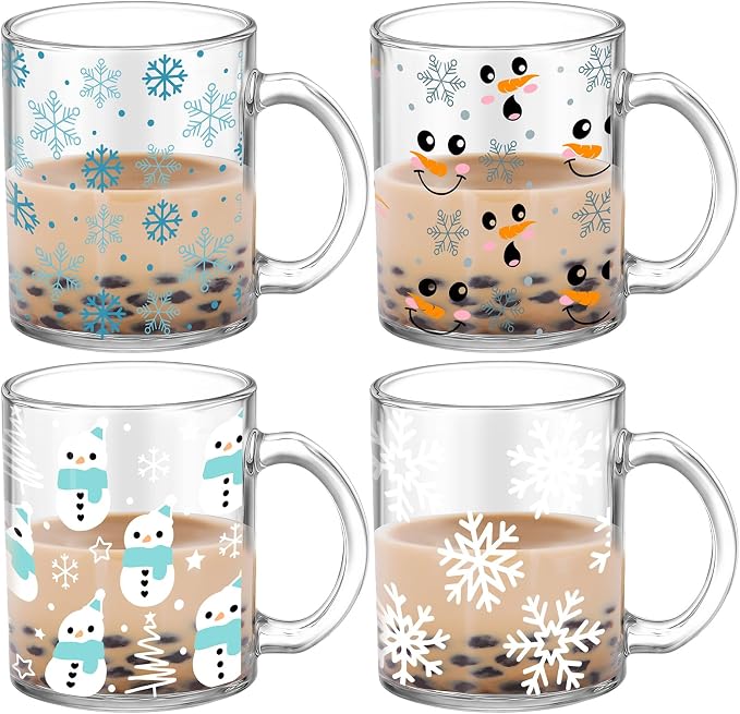 Tioncy 4 Pcs Winter Coffee Glass Mugs 12 oz Christmas Snowman Glass Cups with Handle Winter Coffee Cup Snowflakes Mug White Holiday Gifts Drinking Containers for Xmas Party Supplies by Tioncy