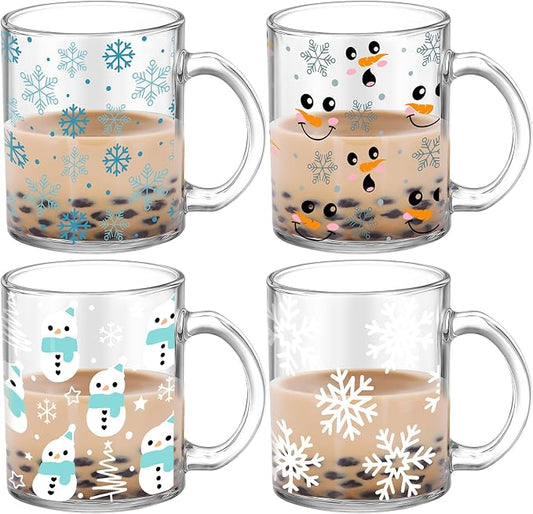 Tioncy 4 Pcs Winter Coffee Glass Mugs 12 oz Christmas Snowman Glass Cups with Handle Winter Coffee Cup Snowflakes Mug White Holiday Gifts Drinking Containers for Xmas Party Supplies by Tioncy