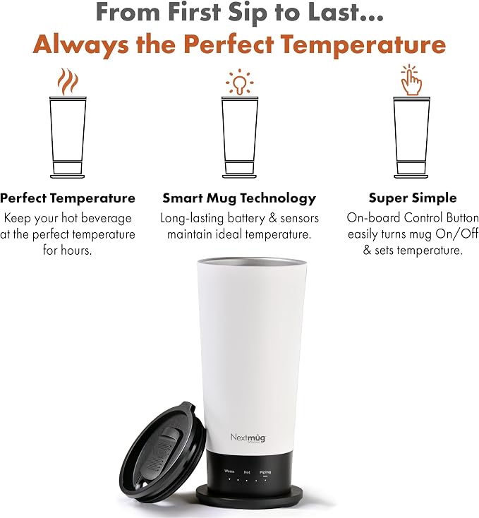 Nextmug Go - Temperature-Controlled, Self-Heating Travel Mug | (White - 16 oz.) – No App, Long-Lasting Battery for Work & Study, Great Gift for Coffee Lovers - Image 2