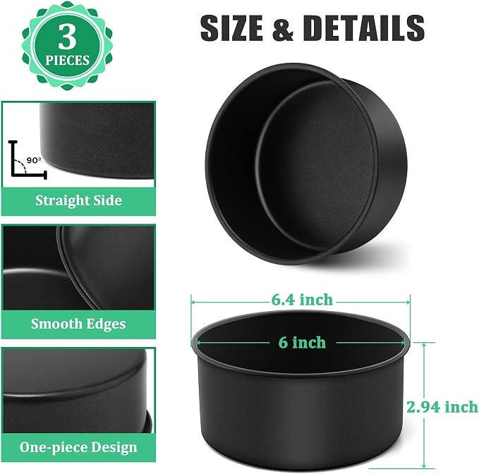 P&P CHEF 6 Inch Cake Pan Set, 3Pcs Non-stick Round Baking Cake Pans Tins | Stainless Steel Core & Nonstick Coating, Good for Baking Layer Tier Cakes for Birthday Wedding, Deep Side & One-piece Design - Image 2