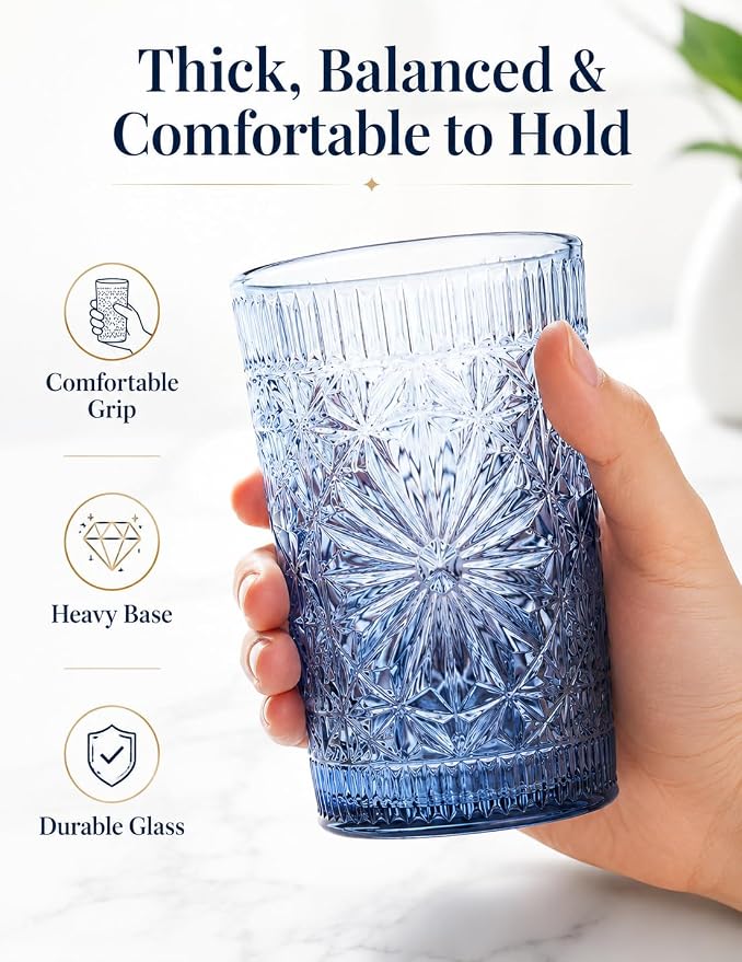 Colored Vintage Drinking Glasses Set of 6, 13 oz Gradient Embossed Highball Glasses, Textured Glass Cups Tumblers for Water, Iced Coffee, Juice & Cocktails, Dishwasher Safe(Dahlia style) - Image 4