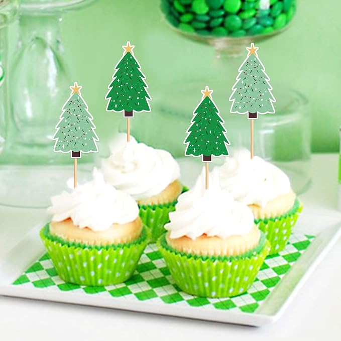 24PCS Christmas Tree Cupcake Toppers Picks Xmas Holiday Cupcake Picks Merry Christmas Theme Holiday Boy Girl Birthday Baby Shower Party Supplies Green - Image 4