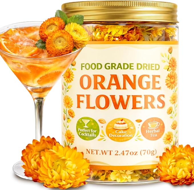90+ Edible Dried Flowers for Cake Decorations, 100% Natural Dried Strawflowers Orange & Yellow for Cocktails Garnish, Drink Botanicals and Baking by Andekas