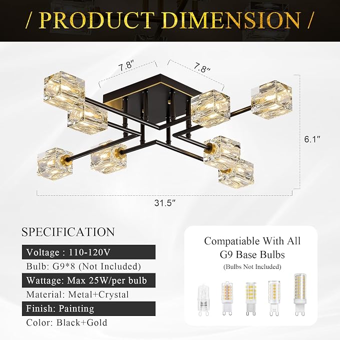 Modern Black Gold Sputnik Chandeliers 8-Light Crystal Semi Flush Mount Ceiling Light Industrial L 31.5" Chandelier Lighting for Living Room Dining Room Foyer Entryway Kitchen Bedroom - Image 5