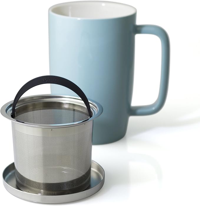 FORLIFE Dew Glossy Finish Brew-In-Mug with Basket Infuser & "Mirror" Stainless Lid 18 oz., Turquoise