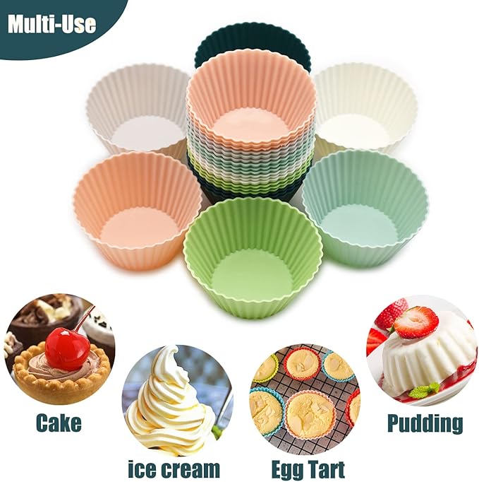 Reusable Silicone Cupcake Baking Cups 24 Pack, 2.75 inch Silicone Baking Cups, Non-stick Muffin Cupcake Liners for Party Halloween Christmas, Easy Clean Pastry Muffin Molds（Multicolor）