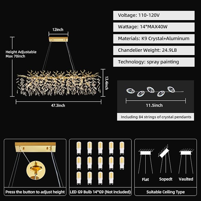 Gold Rectangular Chandelier Modern Crystal Tree Branch Chandelier | 14 Lights Luxury Raindrop Chandeliers 47.3" Hanging Pendant Light Fixtures for Dining Room Kitchen Island Living Room - Image 3