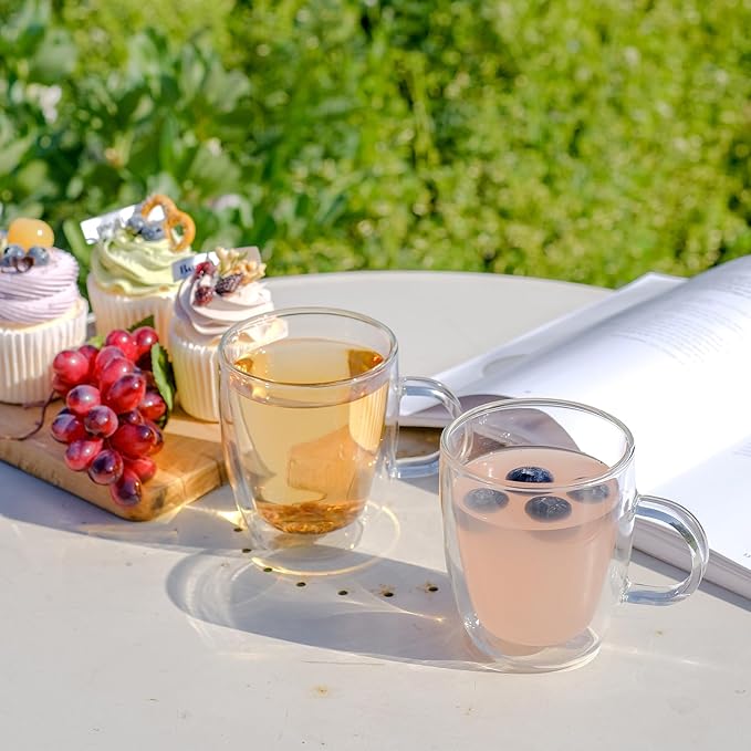 Double Wall Insulated Glass Coffee Mugs set of 4-13.5 oz Clear Hand Blown Glass Coffee Cups with Handle for Cappuccino, Latte,Espresso,Tea Bags,Americano,Beverages, Coffee Lovers Gifts