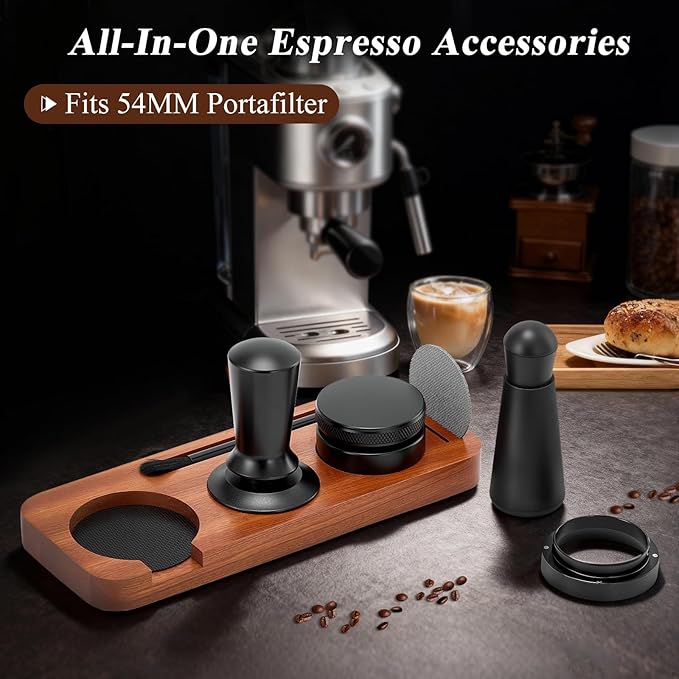 54mm Espresso Accessories Kit, 7 PCS Espresso Tamper Tools, WDT Tool Set with Coffee Tamper, Distributor, Dosing Funnel, Stirrer, Puck Screen, Brush & Wood Tamping Station - Fits 54mm Portafilter