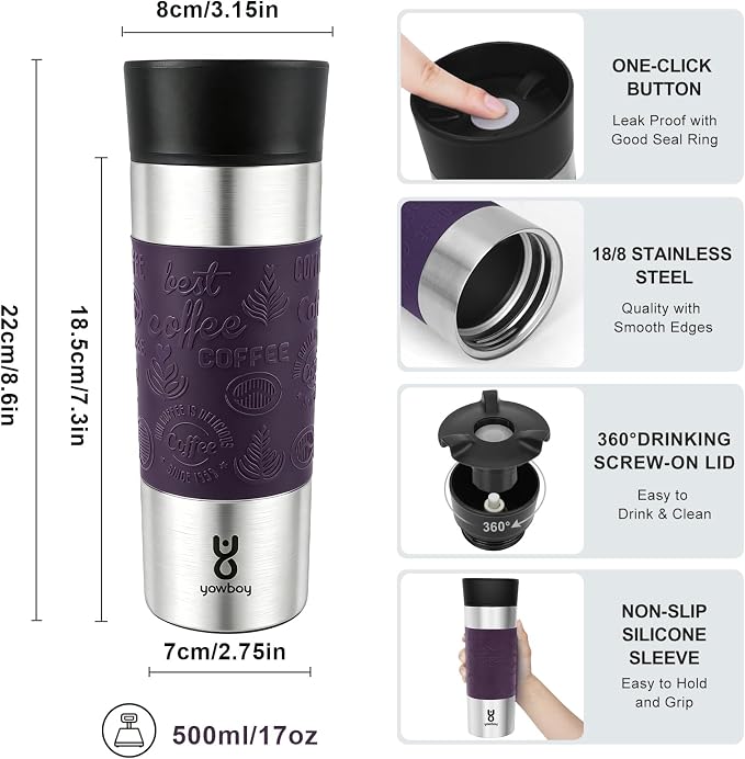 Travel Coffee Mug with 360°Lid, Travel Coffee Tumbler 16 oz Leak Proof, Stainless Steel Insulated Travel Mugs for Hot and Cold Spill Proof Leak Proof (Purple) - Image 5
