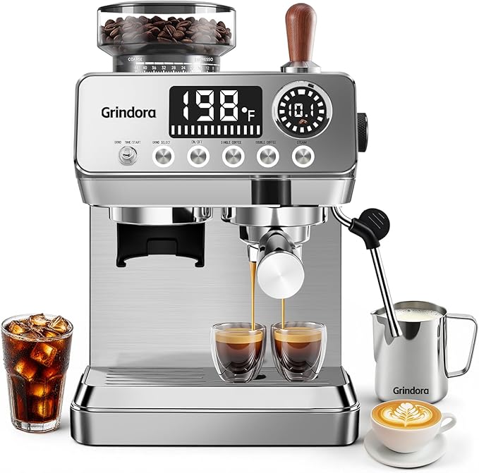 Espresso Machine with Grinder,20 Bar,44 Grind Setting,Milk Frother | Stainless Steel Coffee Machine,Easy-Clean,PID Temp Control,Built-in Grinder, Latte,Cappuccino,Americano & Hot/Cold Brew by GrindoraEspressoMachine