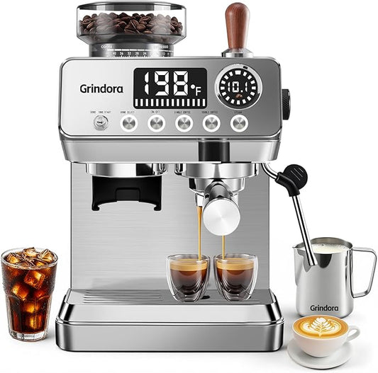 Espresso Machine with Grinder,20 Bar,44 Grind Setting,Milk Frother | Stainless Steel Coffee Machine,Easy-Clean,PID Temp Control,Built-in Grinder, Latte,Cappuccino,Americano & Hot/Cold Brew by GrindoraEspressoMachine