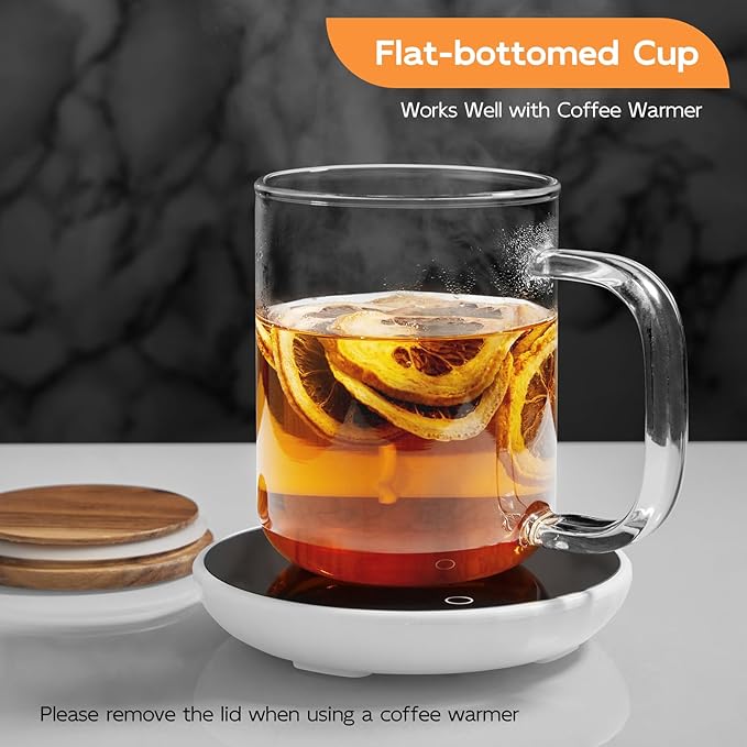DRASTAR Glass Coffee Cups, 12 oz Clear Coffee Mugs, Flat Bottomed Cups with Acacia Wood Lid, Glass Tea Cup with Handle, Espresso Cappuccino Tea Cup Set of 2