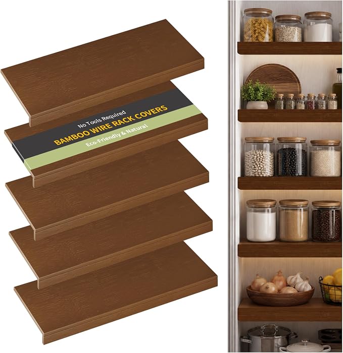 Wire Shelf Covers, Bamboo Wire Rack Covers for Pantry, Closet，Kitchen (5pcs, 40" W x 16" D, Walnut) by ClimbHope