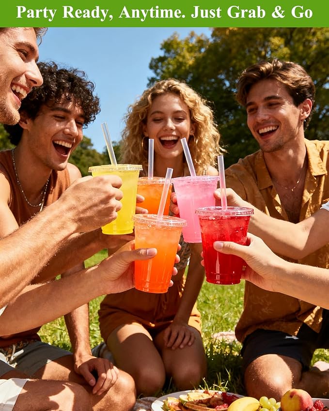 Goodluck 100 Pack 24oz Plastic Cups with Lids and Straws, Clear Disposable Iced Coffee Cups, Food Safe Cold Drink Cups for Bubble Tea, Smoothies & Shakes, BPA Free
