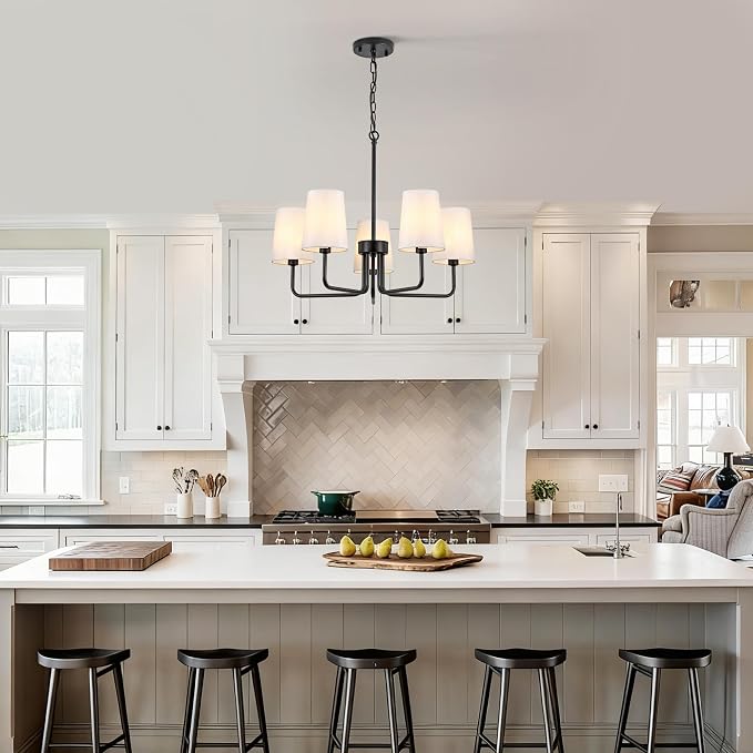 5-Light Farmhouse Chandelier with White Linen Shades | Adjustable Height 25"-76.5", Easy Install, Pendant Light for Kitchen Dining Room Foyer - Image 3