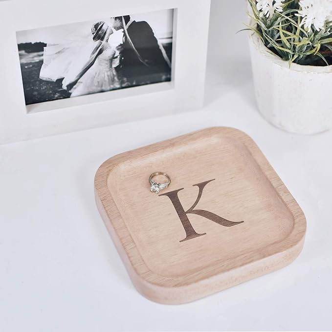 I'm Wooden Personalized Letter Catchall Valet Tray Trinket Dish Jewelry Tray Key Bowl Decorative Plate Organizing Ring Earrings Necklaces Bracelet Watch Coins Wallet Holder (6"x6" Sq Natural K)
