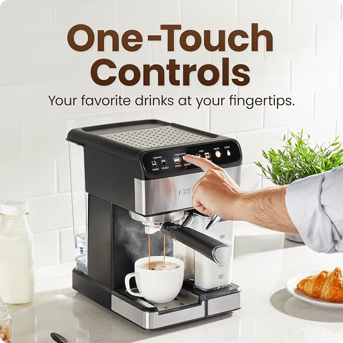 Chefman CaféMaster Pro Espresso Machine, Brew Single or Double Shots, Coffee Maker with Built-In Milk Frother for Cappuccino & Latte, XL 1.8 Liter Removable Water Reservoir - Stainless Steel - Image 4
