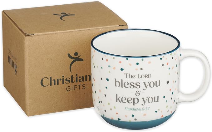 Christian Art Gifts Large Inspirational Ceramic Coffee & Tea Scripture Mug for Women & Men: Lord Bless You & Keep You Encouraging Bible Verse Novelty Cup, Multicolor Confetti Theme, White/Blue, 14 oz. - Image 7