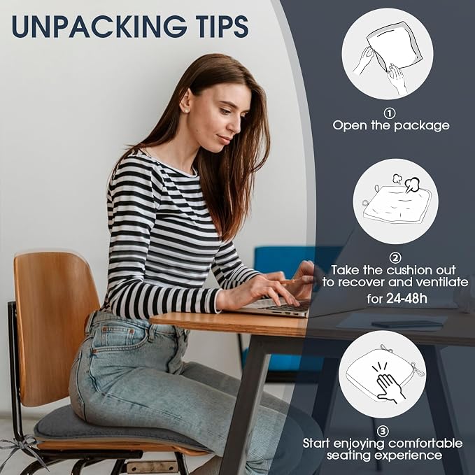 TushGuard Chair Cushions, 4 Pack Memory Foam Chair Pads, Grey | Dining Chair Pads with Fixed Straps, Thin Seat Cushion, Anti-Slip Kitchen Chair Cushion Set - Image 6