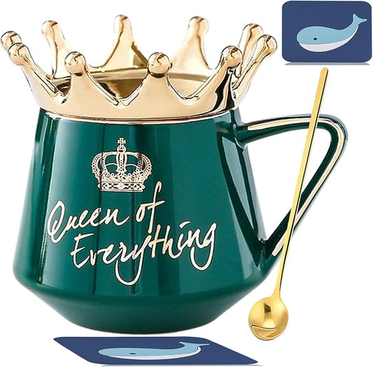 Arawat Queen of Everything Mug with Lid Crown Queen Elizabeth Mugs 12 oz Ceramic Cup Birthday Gifts for 20 30 40 50 60 70 80 90 Women Gift for Women Girls Mom Friend Valentine's Day Gifts for Women by ARAWAT