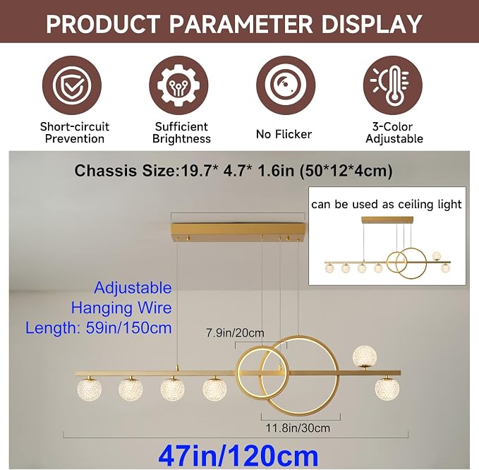 ORANOOR Modern Gold Chandeliers Pendant Light, 47in Dimmable LED Chandelier | Linear Gold Pendant Light for Kitchen Island Dining Room, 6 Globe Hanging Pendant Chandelier Lighting Fixture, 2 Rings 4200lm - Image 5