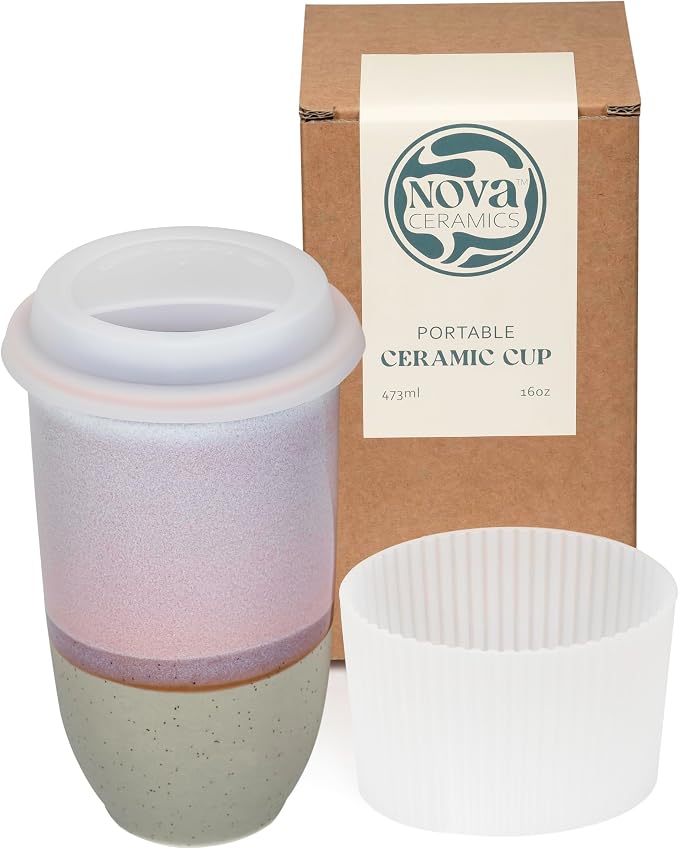 NOVA CERAMICS Coffee Travel Mug – Reusable To Go Mug – Microwave & Dishwasher Safe White & Purple Tumbler - Gifts For Women Men Him Her – 16oz – Horizon by NovaCeramics
