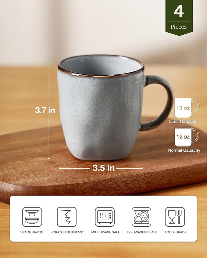 famiware Coffee Mugs Set of 4, Ocean Square 13oz Coffee Cup Set with Handle for Cocoa, Milk, Hot Chocolate, Tea, Water, Stoneware Cups for Kitchen, Microwave and Dishwasher Safe, Grey - Image 4
