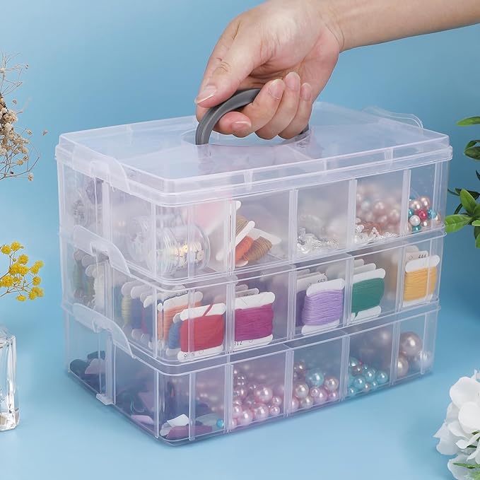 3-Tier Stackable Storage Container Box, Clear Adjustable Empty Plastic Nail Art Organizer Box with Handle & Lids, Fake Nail Organizers with 30 Compartment for Crafts, Art Supply Tool Accessory