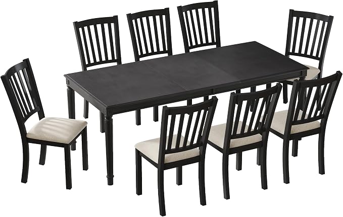 AMERLIFE 9 Piece Farmhouse Dining Table Set with 79" Rubberwood Table, Grey | Solid Rubberwood Frame, 8 Upholstered Chairs, Roman Conical Legs, Seating for 8 - Image 9