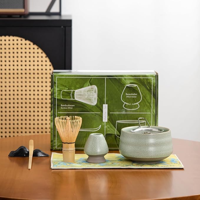 Japanese Matcha Ceremony Accessory, Matcha Whisk, Traditional Scoop (Chashaku), Tea Spoon, Whisk Holder, 1 tea bowl, 1 tea siev, The Perfect Set to Prepare a Traditional Cup of Matcha.
