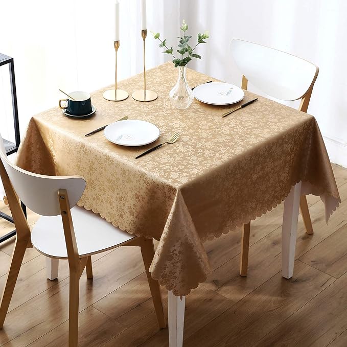 Smiry Square Table Cloth, Waterproof Heavy Duty Vinyl Tablecloths, Wipeable Washable Table Cover for Kitchen and Dining Room (Brown, 54" X 54") | Wipeable Washable Floral Embossed Table Cover for Kitchen and Dining Room, Indoor & Outdoor Use, Brown - Image 2