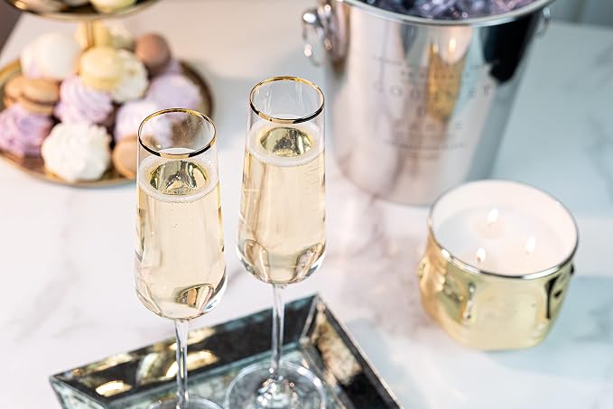 Gold Rim Champagne Gift Glasses | Set of 2 | Crystal Square Toasting Flutes for Bride and Groom, Wedding, Anniversary, Birthday | Elegant Long Stemmed Glassware for Sparkling Wine, Prosecco - Image 9