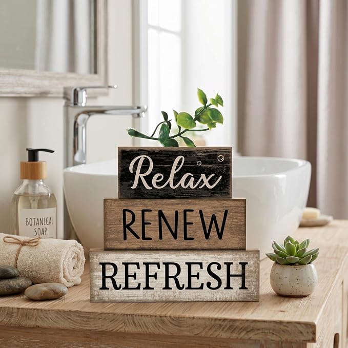 Moucuny 4 Pcs Bathroom Shelf Decor Sign Farmhouse Bathroom Decor and Accessories Rustic Eucalyptus Leaves Block Sign Gift Relax Renew Refresh Farmhouse Table Centerpiece for Home Office Toilet - Image 9