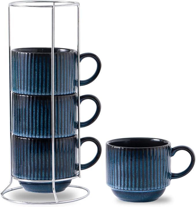 HASENSE 15 Oz Ribbed Stackable Coffee Mug Set of 4, Ceramic Latte Cups with Metal Stand, Dishwasher & Microwave Safe, Navy Blue for Cappuccino Tea Hot Cocoa by Hasense