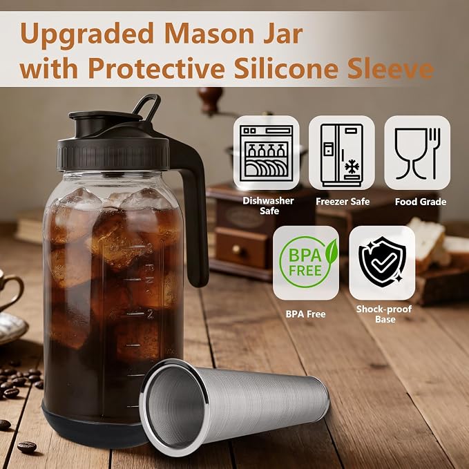 Cold Brew Coffee Maker, 64oz Mason Jar Pitcher with Stainless Steel Filter, Sealed, Leak-Proof Lid with Pour Spout & Handle, Heavy Duty Glass Iced Coffee Tea Brewer with Non-Slip Silicone Base-Black - Image 2