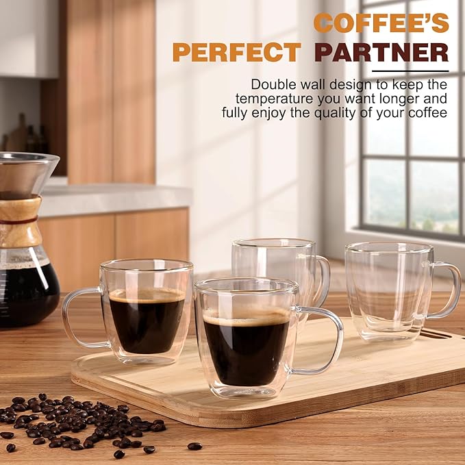 Espresso Cups Set of 4, Double Wall Hand Blown 5.5OZ Espresso Shots Glass, Coffee Mugs with Handle Perfect for Cappuccino, Latte, Tea